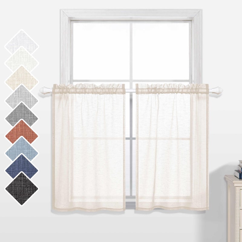 KOUFALL 30 Inch Curtains for Kitchen Windows Set of 2 Pack Cafe Curtain Tiers Sheer Cream Beige Short Curtain for Small Windows Bathroom Wide 30x30 Inch Length - Image 1